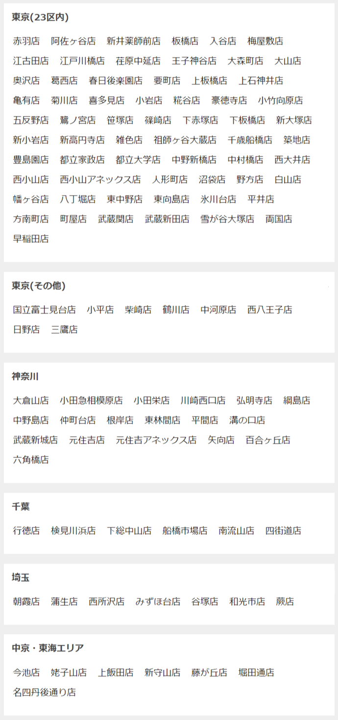 FASTGYM24の店舗一覧、東京23区、東京その他、神奈川、千葉、埼玉、中京・東海エリア、、